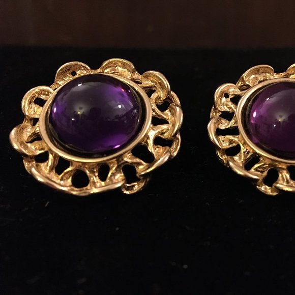 Pierced Earrings Vintage Retro Purple Convex Gold - Picture 2 of 9